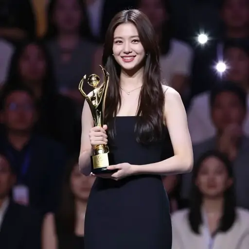 她在领奖时容光焕发，满脸自豪。