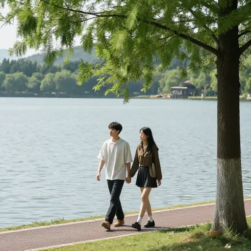 那对年轻夫妇手牵手在湖边散步。