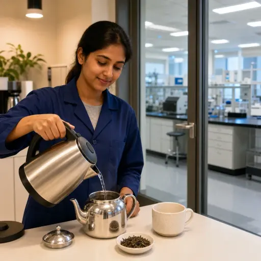 休息时，实验室助理把热水倒进不锈钢茶壶里泡茶。