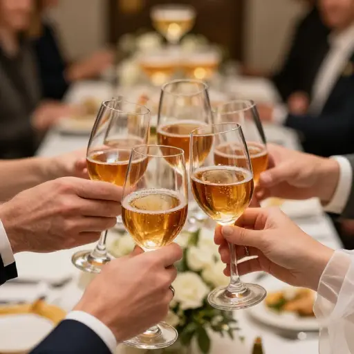 大家举杯祝福这对新婚夫妇。