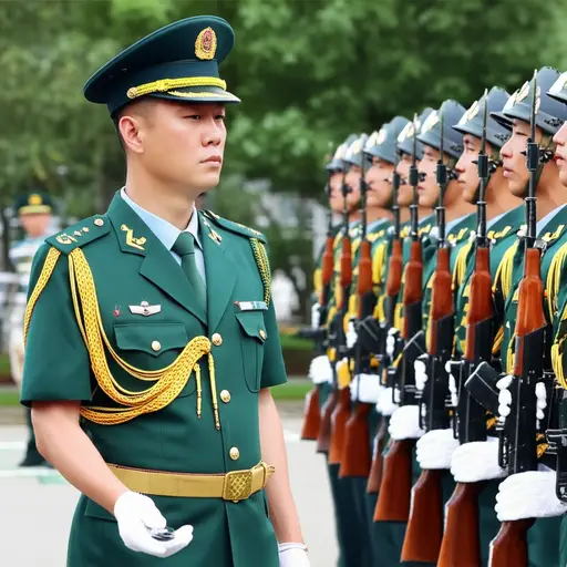 上校正在检查士兵们的装备。