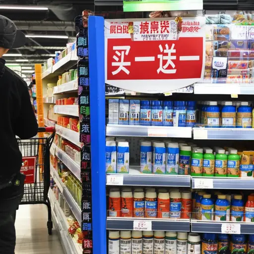 超市正在进行买一送一的促销活动。