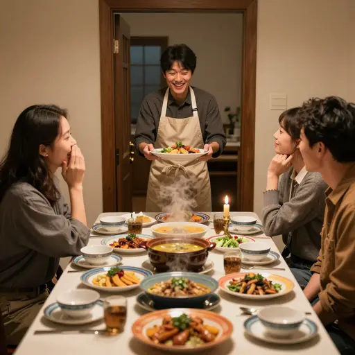 那位铺张挥霍的主人为一个四人安静聚餐订了十二道菜的盛宴，餐桌在大量未动过的菜肴下呻吟。