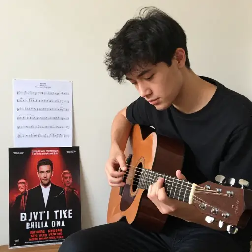 为了音乐会，他决定温习一下他的吉他技巧。