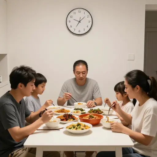 我们通常在七点吃晚饭。