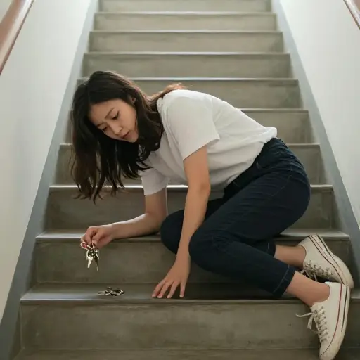 她在最底下的台阶上绊了一下，钥匙掉了。