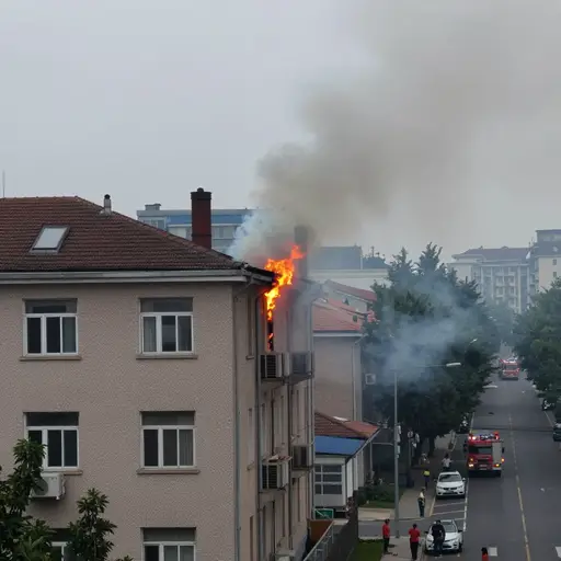 爆炸后，几栋建筑都着火了。