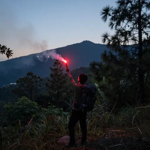 登山者在迷路时点燃了信号弹寻求帮助。