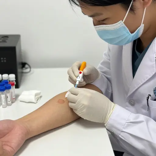医生小心地插入针头来抽取血液样本用于化验。