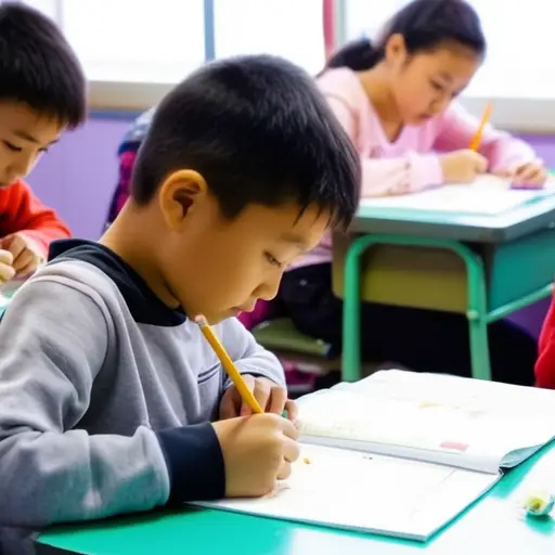 孩子们正在练习本上认真写字。