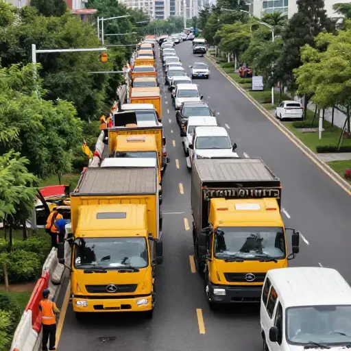 施工队的卡车造成了道路堵塞。