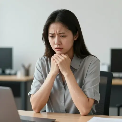 面试时，由于紧张，她的手掌心都出汗了。