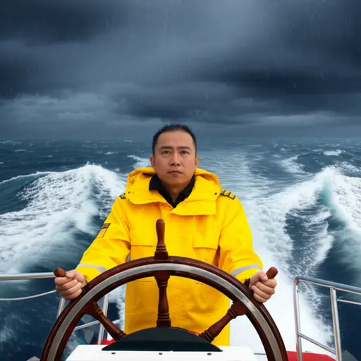 暴风雨中，船长紧握舵轮控制方向。
