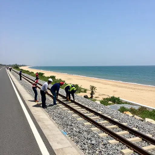 工人们正在沿海路线安装新的火车轨道。