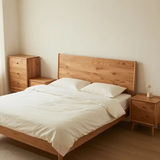 我们买了套卧室家具，包括一张床、两个床头柜和一个衣柜。