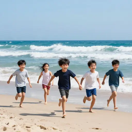 孩子们沿着海滩飞奔，他们的笑声随风飘荡。