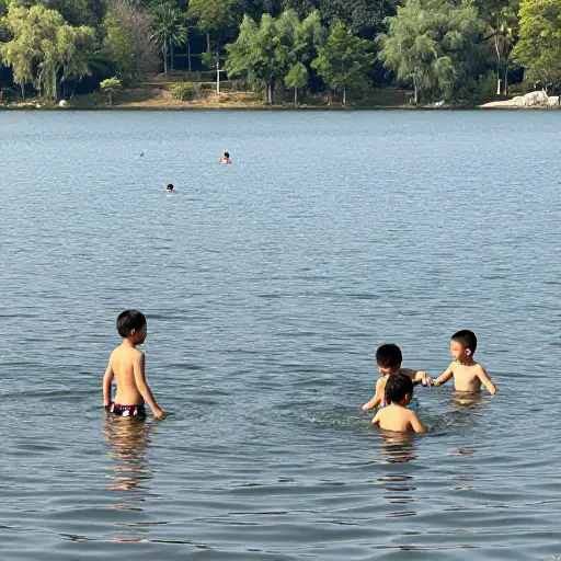 孩子们喜欢在湖里玩水。