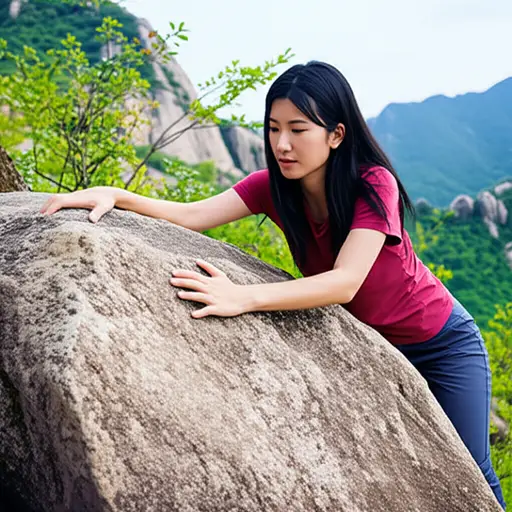 她小心翼翼地爬上了岩石。