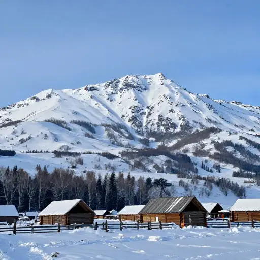 一座小村庄坐落在雪山脚下。
