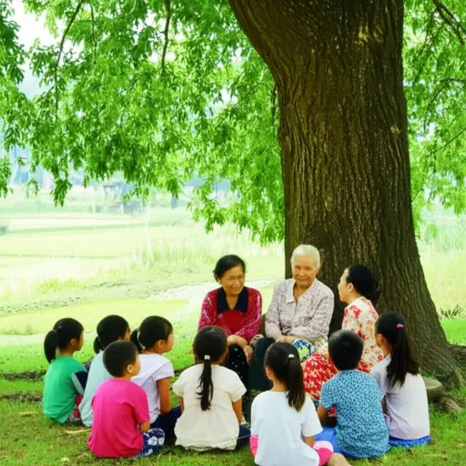 村里的孩子们都喜欢围在慈祥的老奶奶们身边听她们讲过去的故事。