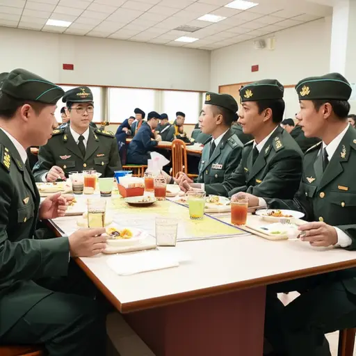 军官们在食堂用餐时讨论作战计划。