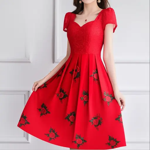 她的裙子上绣着鲜艳的红色花朵。