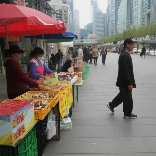 街边的小贩在人行道上卖零食。