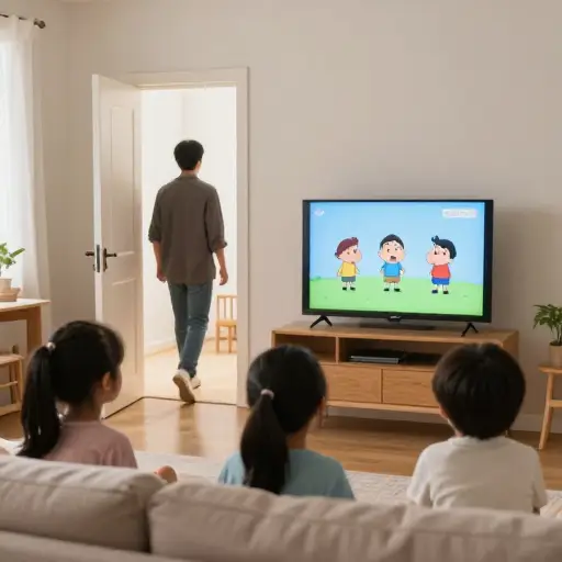 我进门的时候，孩子们正在看动画片。