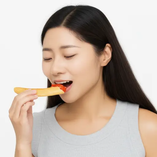 “嗯嗯，”她一边嚼着食物一边点头。