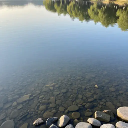 清晨的阳光透过清澈的湖水照在鹅卵石上。