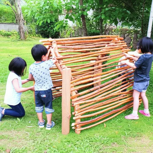 孩子们用细树枝搭了一个小木屋。