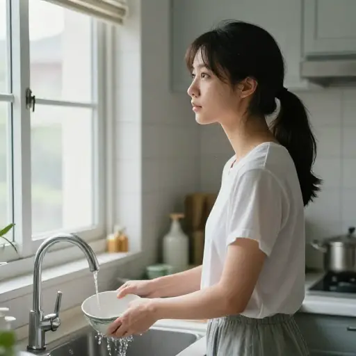 她毫无热情地应付着日常生活的琐事。