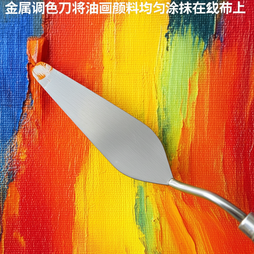 她用调色刀把颜料均匀地涂在画布上。