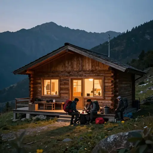 徒步旅行者在山间的小木屋过夜。