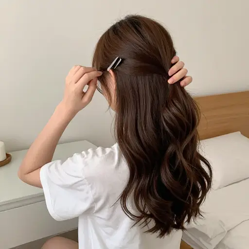 她用发夹把头发固定在脑后。