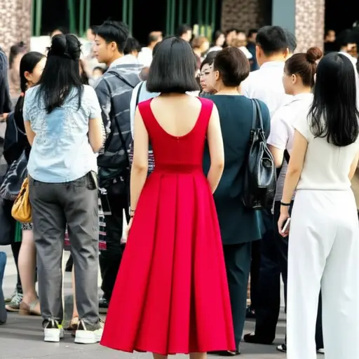 她穿了一件鲜艳的红色连衣裙，吸引了所有人的目光。