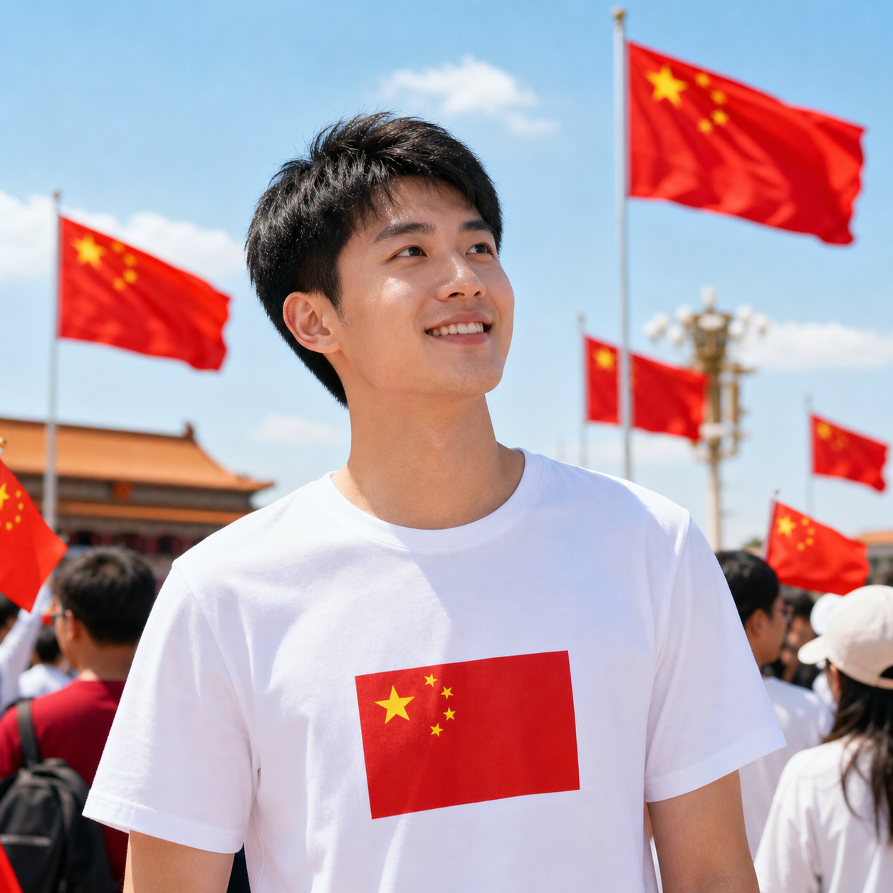 他在国庆节穿了一件印有国旗的爱国T恤。