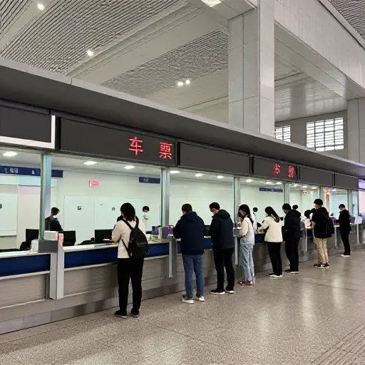 到达火车站后，你必须到标有'车票'的其中一个柜台买票。