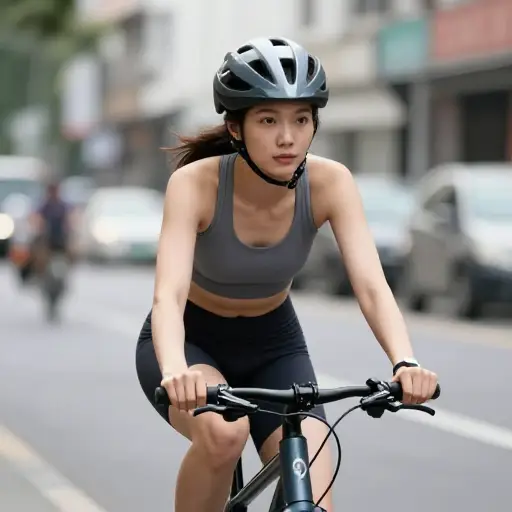 她骑自行车时为了安全总是戴头盔。