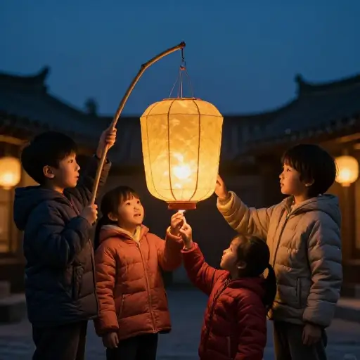 孩子们帮忙点亮了灯笼。