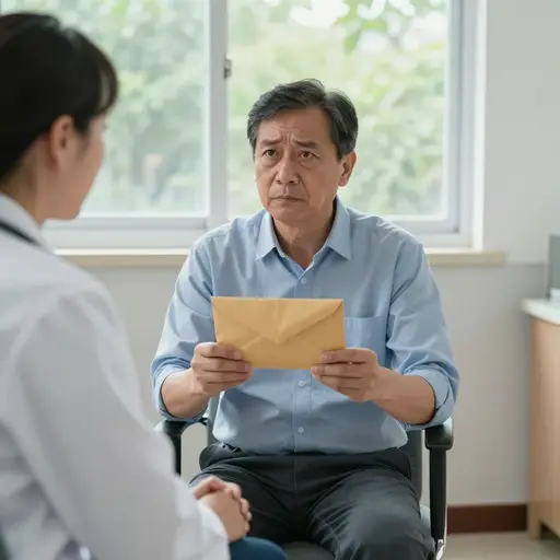 他怀着惶恐打开了体检报告，不知道结果会显示什么。