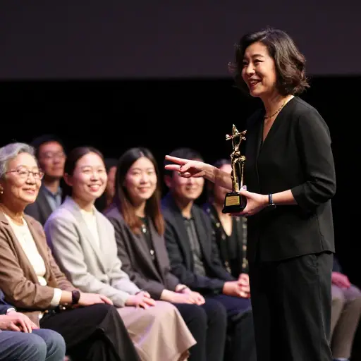 这位获奖作家发表了谦逊的演讲，将她的成功归功于她的老师和家人。