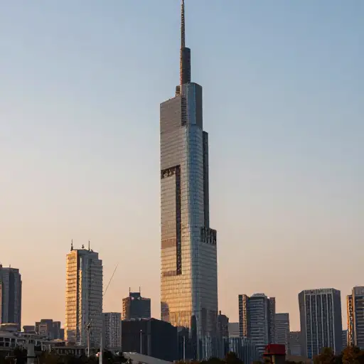 这座摩天大楼主宰着城市的天际线。