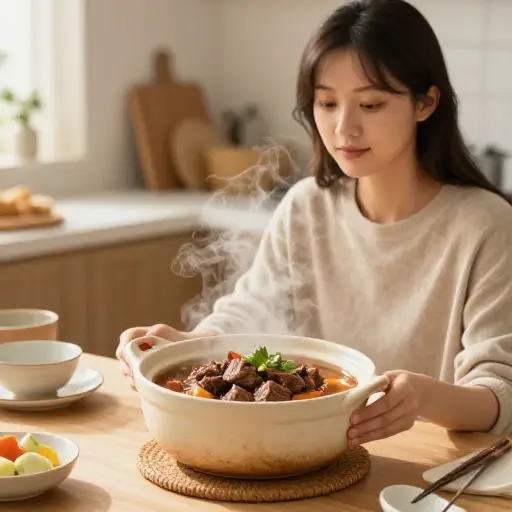 她为家庭聚会准备了一道美味的牛肉砂锅菜。
