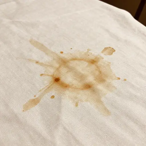 咖啡在桌布上留下了一个棕色的污渍。