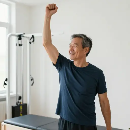 经过几个月的康复训练，他终于能够活动他的手臂了。