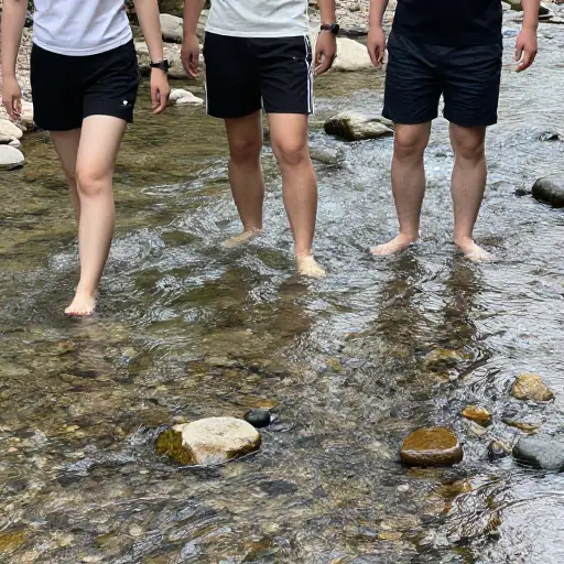 那条小溪很浅，所以我们涉水而过。