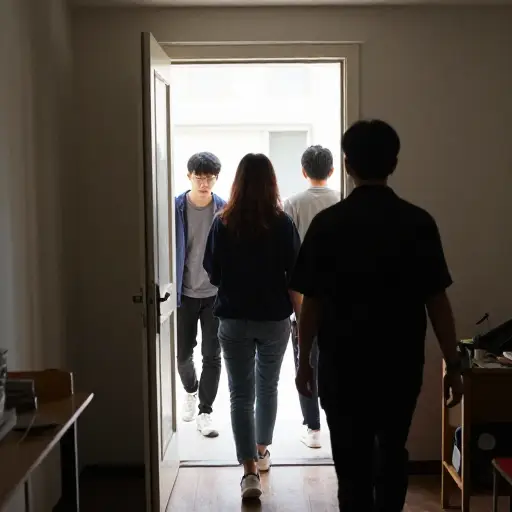 他们一个接一个地进入房间。