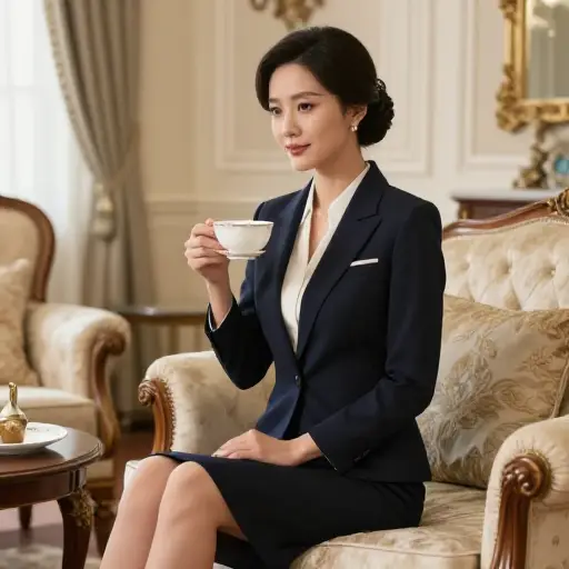 她优雅的举止和精致的品味显示出她贵族般的教养。