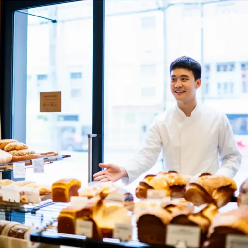 他走进面包店时对面包师说了声"Bonjour"。
